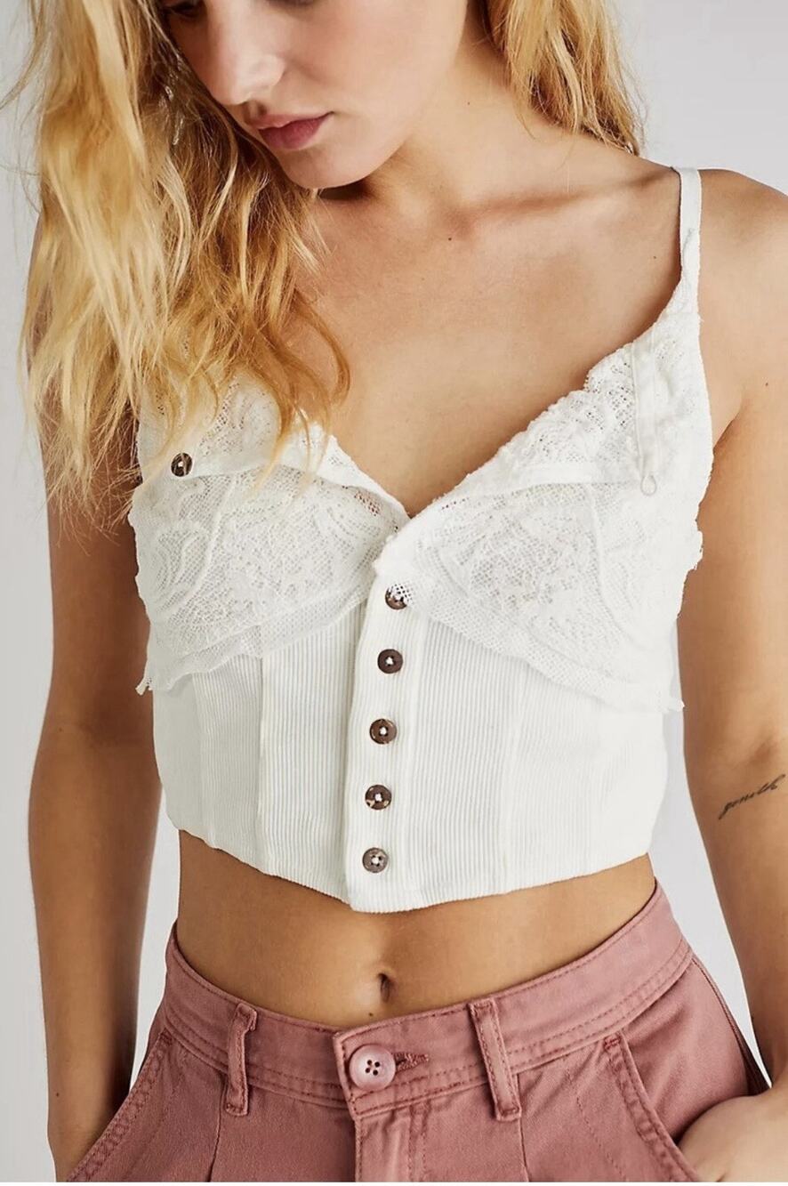 Free People Have My Heart Tank Top S White Crop Distressed Ribbed Boxy Lace